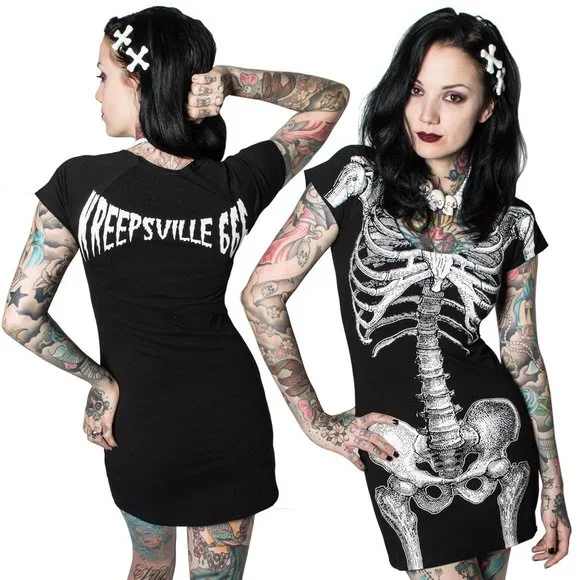 KREEPSVILLE 666 - WHITE SKELETON TUNIC DRESS - Picture 2 of 2